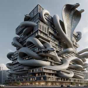 Mimetic king cobra shaped building with windows, ultra-detailed...