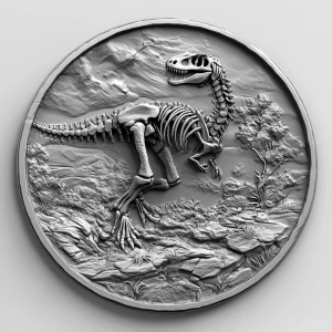 a grayscale bas relief of the sideview of a t-rex skeleton on a...