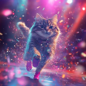 A pop star cat inspired by Taylor Swift, sprinting off stage in...