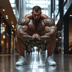 A muscular individual is squatting in a versatile pose, accentua...