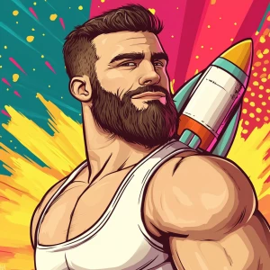 White muscular thin man with beard, big chin, smile and cheekbon...