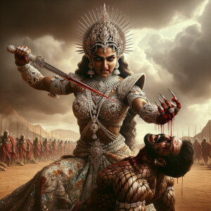 portrait of angry looking, muscular beautiful goddess durga carrying a short weak evil man and stabbing him with her red fingernails. She is wearing diamond saree, diamond armor, a huge diamond crown, abundant diamond jewelry. The scene is set in a dry landscape.  blood everywhere. The image is 8K resolution, cinematic, ultra detailed face and epic.