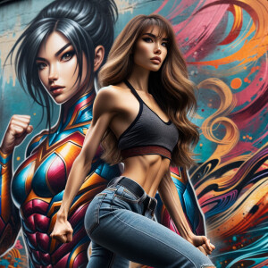 Athletic Thin skinny Attractive, Asian teenage girl, long brown hair and bangs, wearing tight skinny jeans and a halter top paint marks on her clothing, heroic pose Asian graffiti background