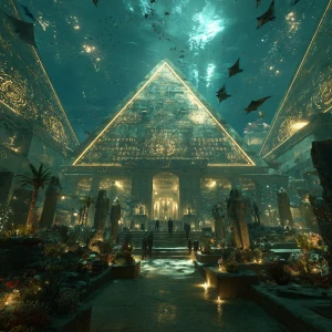 Futuristic Egyptian underwater city, golden pyramids glowing wit...