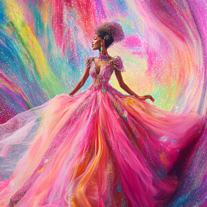 Describe the image featuring a person adorned in a brightly pink...