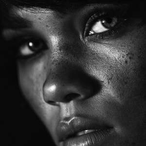 Ultra-realistic noir portrait of a mysterious woman, elegant vin...