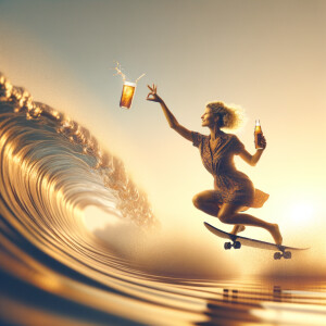 Someone doing a back flip while holding a drink and holding up a peace sign while surfing on a wave of soda