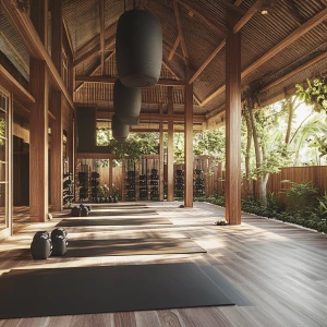 Design an MMA fight camp and fitness center in Bali, Indonesia, that seamlessly blends eco-friendly and natural elements to create a cozy yet modern and stylish environment. Ensure the facility acknowledges local Balinese architectural aesthetics while offering state-of-the-art training amenities suitable for elite fighters.