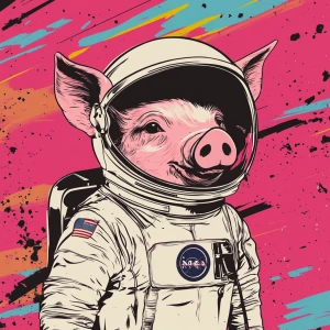 Cute cartoon pig in vintage white spacesuit and NASA style helme...
