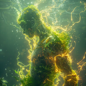 Vivid animation of sea moss underwater, glowing and releasing en...
