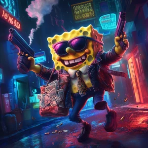 SpongeBob SquarePants holding a smoking pistol in one hand and...