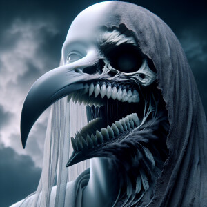 "Evoke a hyper-realistic image of a ghostly crow's head with a s...