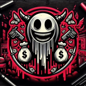 Create a bold circular horror themed cartoon smiley ghostface ma...