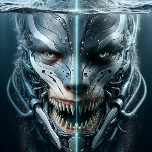 Ultra-realistic, dramatic frontal view of a massive shark with its jaws wide open, revealing rows of razor-sharp teeth. The camera is half-submerged, perfectly splitting the image—above the waterline, the sharks’s intense, piercing eyes stare directly ahead, with water droplets on its rough, scaly skin. Below the waterline, its powerful open mouth is fully visible, showing sharp teeth and a dark throat, with tiny air bubbles escaping. The waterline is sharply defined, creating a split view of the murky underwater world and the bright, natural  scenery above. Sunlight refracts through the water, casting a cinematic glow. Highly detailed, National Geographic photography style, 8K resolution, hyper-realistic textures, dramatic lighting, intense and suspenseful atmosphere."