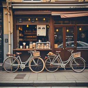 Create a coffee cafe that has bicycles parked out front alongsid...