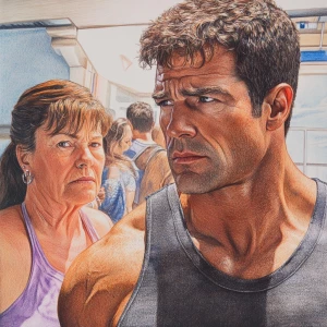 Sharp detailed colourful pencil art,A man  muscular beefy sweat...