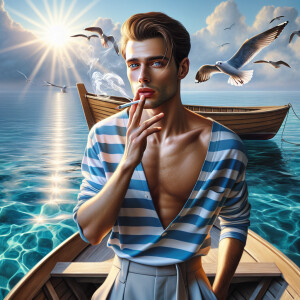A young man with blue eyes, wearing a blue and white striped sai...
