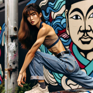 Very thin Athletic Thin skinny Attractive, Asian teenage girl, long brown hair and bangs, wearing tight skinny jeans and a halter top paint marks on her clothing, sitting side view heroic pose Asian graffiti