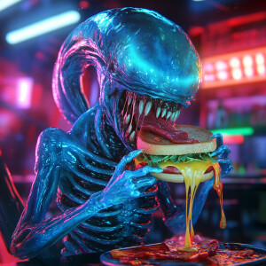 A blue glowing alien with iridescent skin and multiple eyes chom...