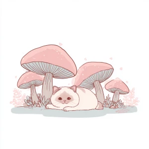 Centered cat stretching under mushroom, kawaii art style, soft p...
