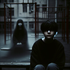 Night. An abandoned playground. There is a boy standing next to...