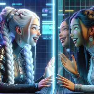Depict two twin girls. One has long white hair and two braided b...