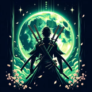 Create an intense anime-style silhouette illustration of a sword...