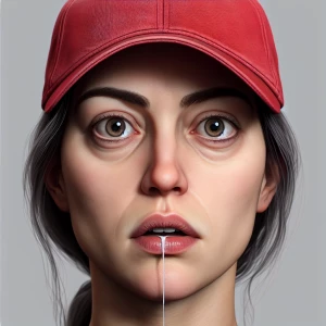 Generate a hyper-realistic portrait of a woman waring a red base...