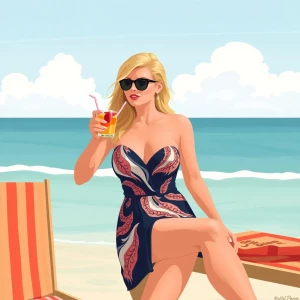 Ivanka Trump on the beach drinking a cocktail, in carton art sty...