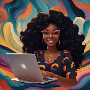 Cartoon black women with lone black wavy hair wearing glasses, b...