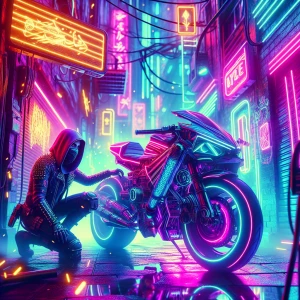 A neon-lit alley where a hooded figure adjusts the controls of a sleek, heavily customized motorcycle. The alley walls are covered in glowing graffiti, and faint sparks fall from a nearby overhanging sign, adding an electrifying energy to the scene