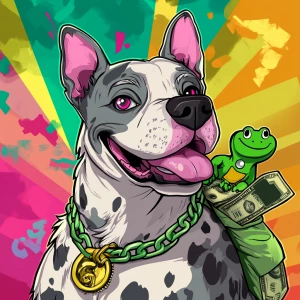 A cartoon-style anthropomorphic dog involved in a GTA-style bank...