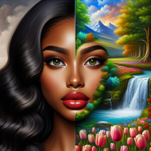 Create a digital artwork showing a half-portrait of a light-skin...