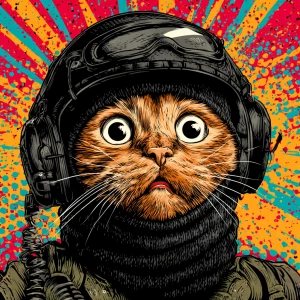 A wide-eyed ginger cat wearing a black tactical balaclava (or ma...