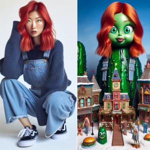 A woman with shoulder-length, vibrant red hair and emerald green...