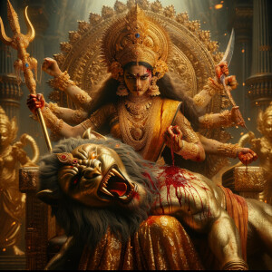 portrait of angry looking goddess durga sitting on a gold crown and carrying a weak mahishasur on her lap and stabbing him with her amazingly designed trident. She is wearing gold armor, a huge gold crown, gold saree, abundant  gold jewelry, covered in blood. The scene is set in ancient India. The image is 8K resolution, cinematic, ultra detailed face and epic.