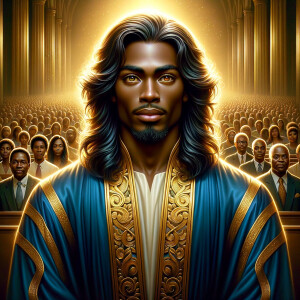 Illustrate an inspiring African-American Jesus crust with a dign...