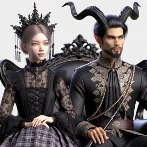 A beautiful girl named lilith with gothic lolita dress sit on the lap of handsome Lucifer with black horn, elegant and epic scene, sitting on the thrones, 3D, humanlike, high res