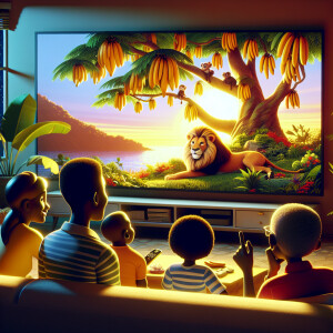 A family gathers in the living room, captivated by a movie scene...