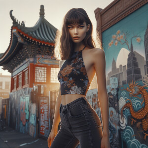 Athletic Thin skinny Attractive, Asian teenage girl, long brown hair and bangs, wearing tight skinny jeans and a halter top paint marks on her clothing, heroic pose Asian graffiti background, backside view