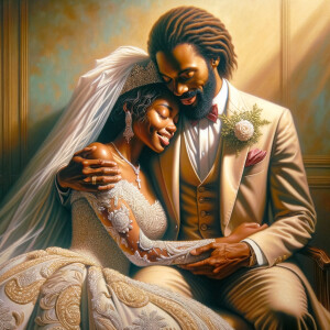 Imagine a hyper-realistic oil painting that captures a tender moment between theAfrican American bride and her God. The setting is intimate and filled with soft, warm lighting that enhances the emotional depth of the scene. The bride, in herexquisite wedding gown, shares a heartfelt embrace with her african-American Lord Jesus , who is dressedin an elegant outfit that complements the wedding's color scheme. Their expressions are full of love, pride, and joy, reflecting the special bond between them. Theattention to detail is paramount, from the intricate designs of their dresses to the subtle emotions conveyed in their facial expressions. The background is a blur ofgentle pastel hues, ensuring that the focus remains on this touching moment. Thispainting should convey the warmth, love, and depth of the relationship, with the rich textures and vibrant strokes characteristic of oil paintings, capturing the essence of this significant pre-wedding moment.