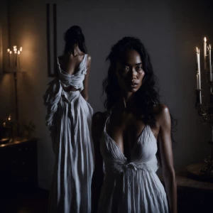 Brenda stands in a gently illuminated bedroom, her long dark hai...