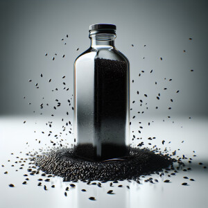 Create a 3D, Super High Resolution picture of black seed oil