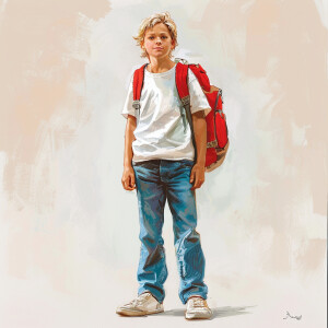Blonde boy of 13 years old. Wearing white Nike sneakers, blue je...