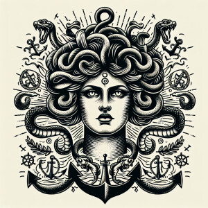 Create a Sailor Jerry style drawing of Medusa