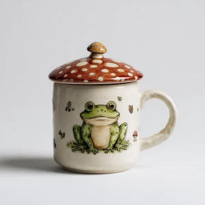 Frog mug with mushroom lid, cute animal/fungi combo, often hand-...