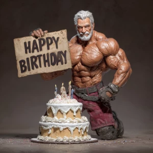 A muscular bodybuilder with silver hair and a beard, coming out...