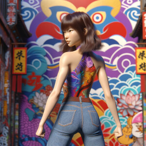 Athletic Thin skinny Attractive, Asian teenage girl, long brown hair and bangs, wearing tight skinny jeans and a halter top paint marks on her clothing, heroic pose Asian graffiti background, backside view