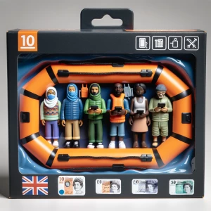Toy playset in packaging of orange dingy with  migrants on with...