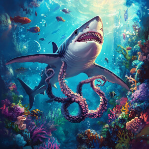 Visualize a Sharktopus, merging the sleek body of a shark with t...